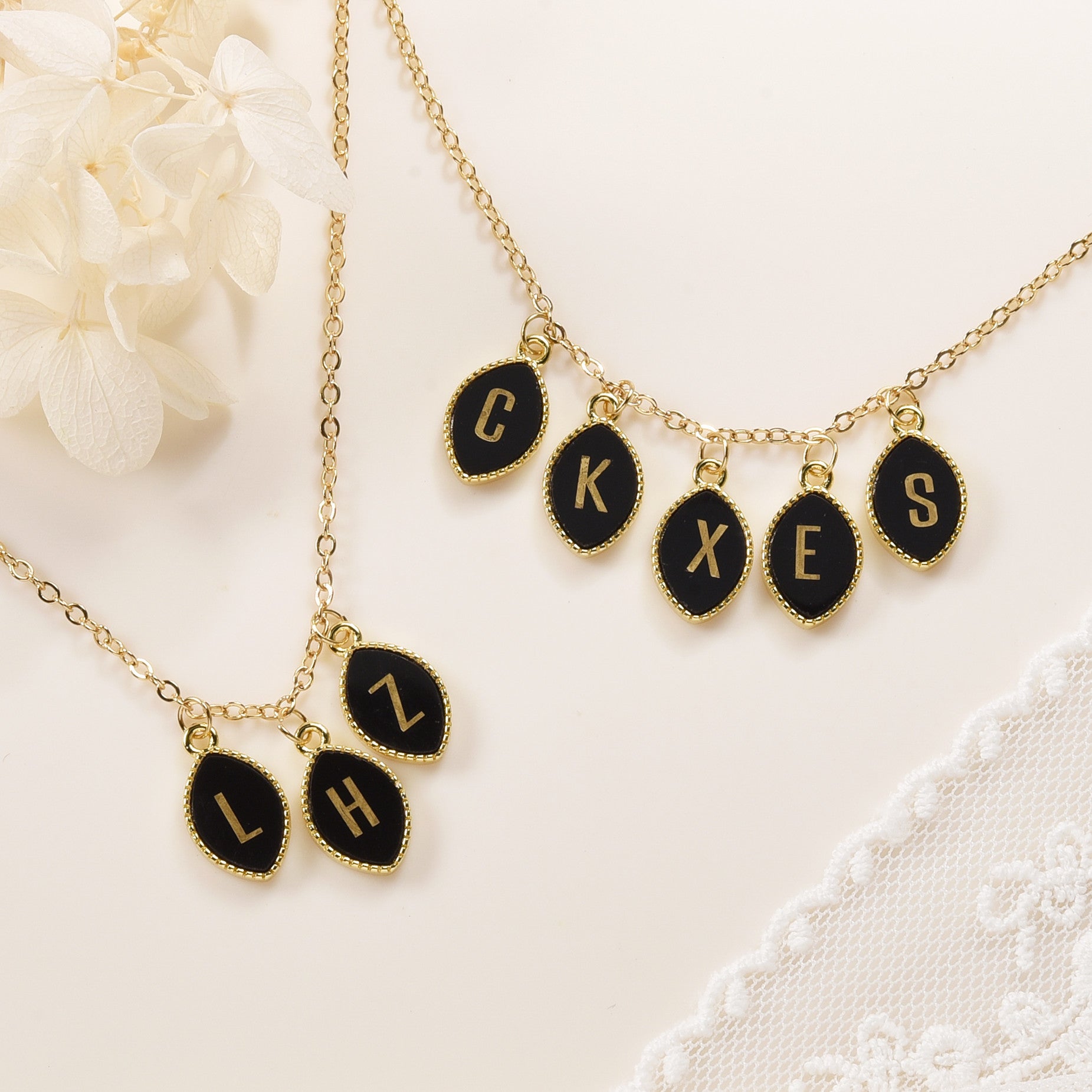 16" Gold Marquise Black Obsidian Carved Initial Letter Pendant Necklace, Personalization Jewelry KZ022