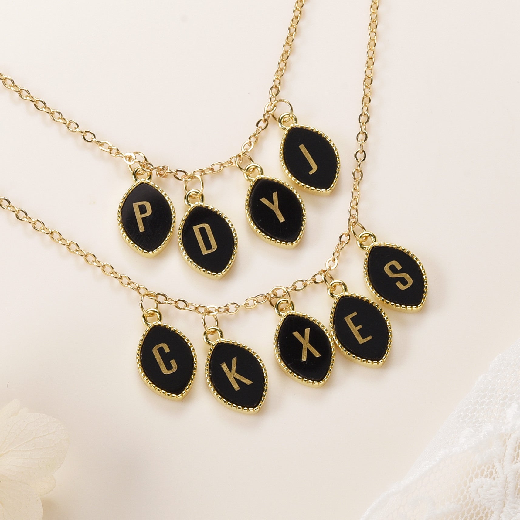 16" Gold Black Obsidian Initial Letter Pendant Necklace, Marquise Shape, 4~5 Stones, Personalization Jewelry KZ022