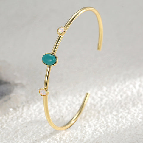 Skinny Gold Plated Brass Oval Blue Howlite Turquoise & White Opal Open Bracelet, Gemstone Adjustable Cuff AL587