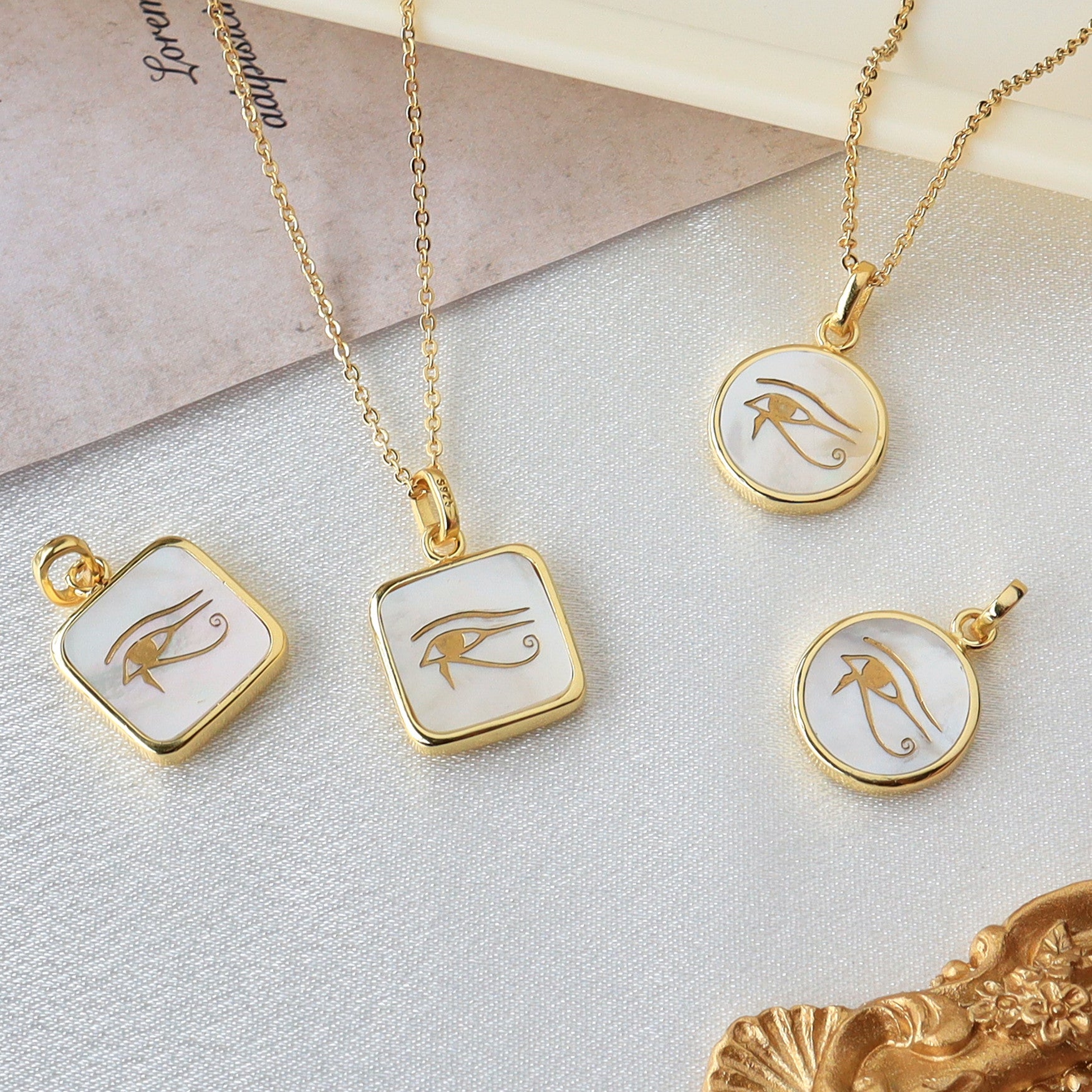 Wholesale Gold Plated Natural White Shell Pendant Necklace, Round Square Shape, Carved Eye, Shell Jewelry KZ006