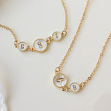 16" Gold Round White Shell Carved Initial Letter Necklace, 1~3 Stones, Personalization Jewelry KZ021