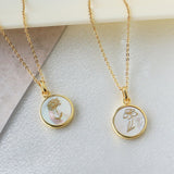 16" Gold Plated Round White Shell Carved Birth Month Flower Necklace, Beach Shell Jewelry KZ009