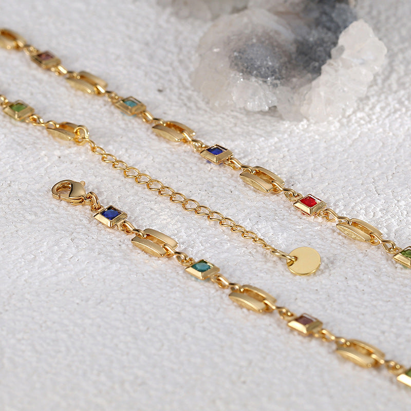 Wholesale 18" Gold Plated Brass Rainbow Zircon Necklace, Rectangle CZ Link Chain Necklace Jewelry AL581