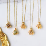 16" Gold Plated Hollow Lotus With Natural Raw Crystal Necklace, Birthstone Necklace, Gemstone Necklace Jewelry BT011