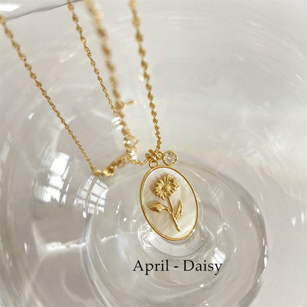 Oval White Shell December Flower Necklace Birthstone Monthstone Necklace AL511 April   Daisy