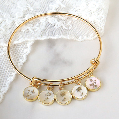 Gold Plated Round White Shell Bracelet, Carved Birth Month Flower, Customized Jewelry KZ019