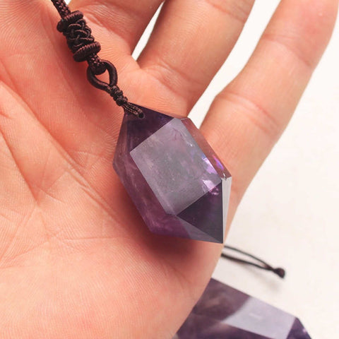 Natural Amethyst Crystal Point Hexagonal Pendant Necklace AL004