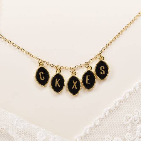 16" Gold Black Obsidian Initial Letter Pendant Necklace, Marquise Shape, 4~5 Stones, Personalization Jewelry KZ022