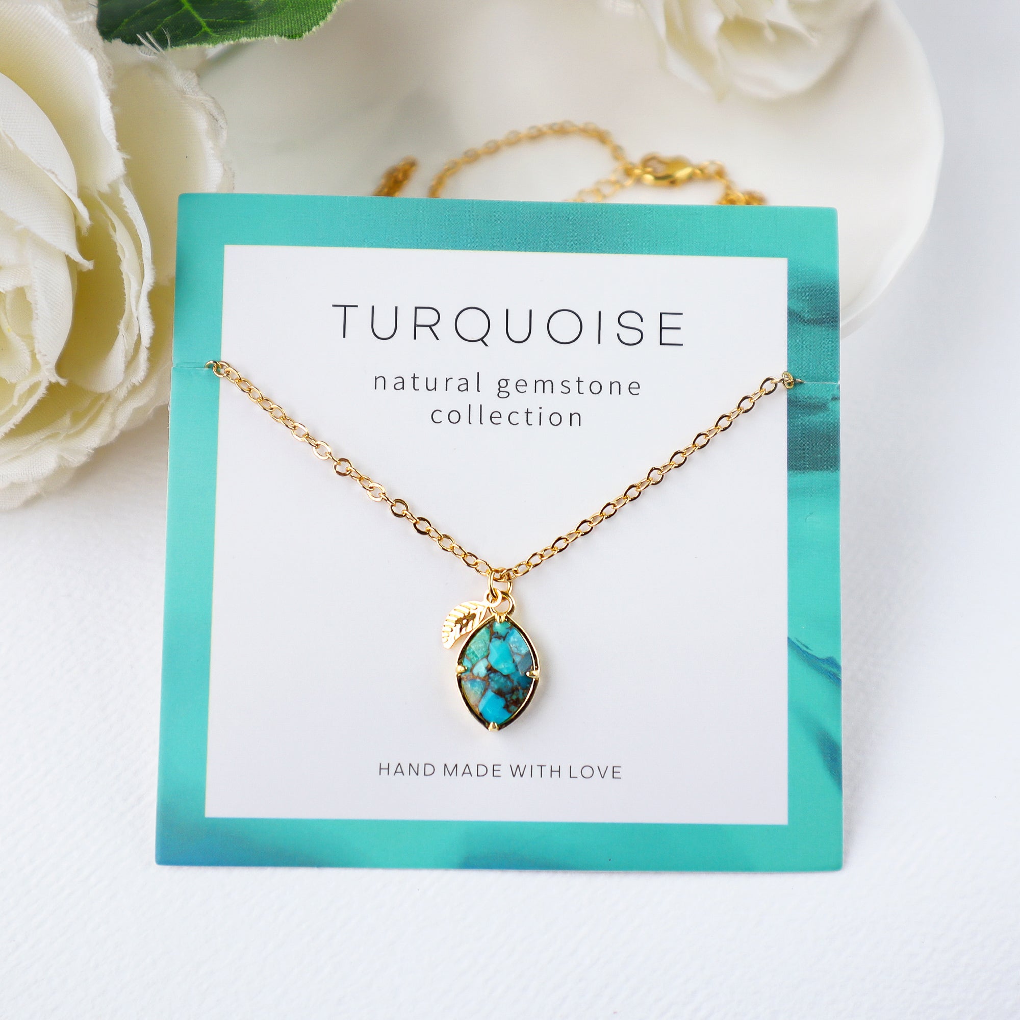 16" Gold Plated Leaf & Marquise Rainbow Gemstone Necklace, Birthstone, Faceted Amazonite Aquamarine Peridot Turquoise Necklace, Healing Crystal Jewelry BT015 Copper Turquoise necklace