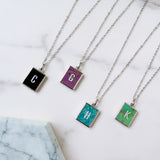 16" Rectangle Silver Plated Gemstone Initial Letter Pendant Necklace, Birthstone Crystal Jewelry KZ003