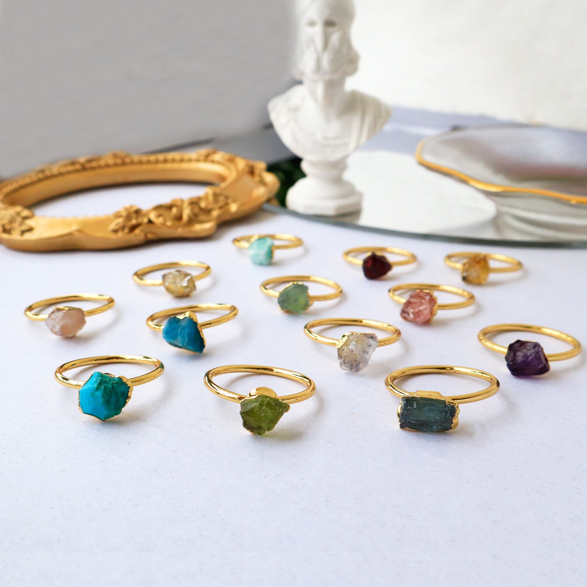 Gold Plated Brass Raw Rainbow Gemstone Ring, Birthstone Ring, Healing Crystal Stone Statement Ring Jewelry BT003