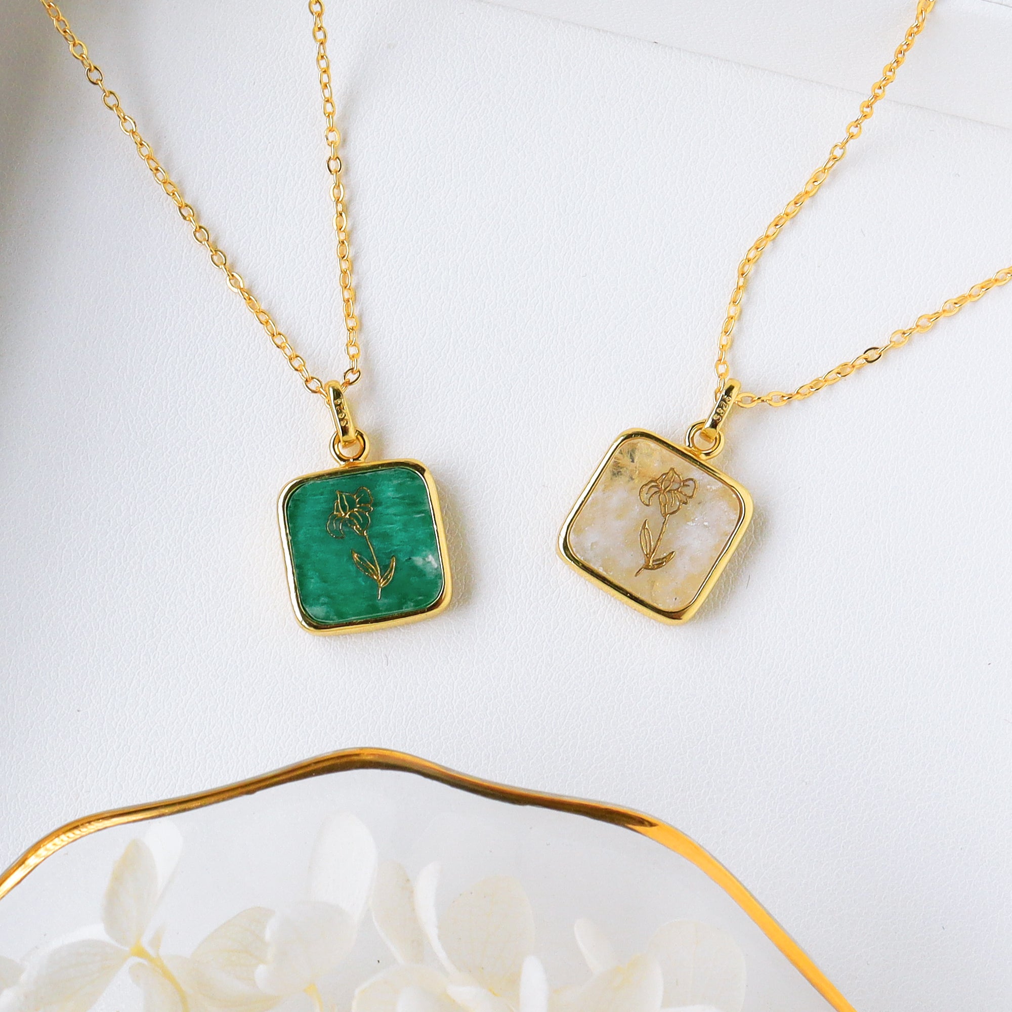 Wholesale 16" Gold Plated Square Gemstone Pendant Necklace, Carved Birth Month Flowers, Birthstone Jewelry KZ004