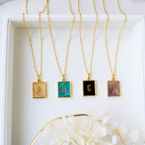 Personalized 16" Gold Plated Bezel Rectangle Amethyst Rose Quartz Turquoise Gemstone Letter Necklace, Custom Letter Jewelry KZ014-N