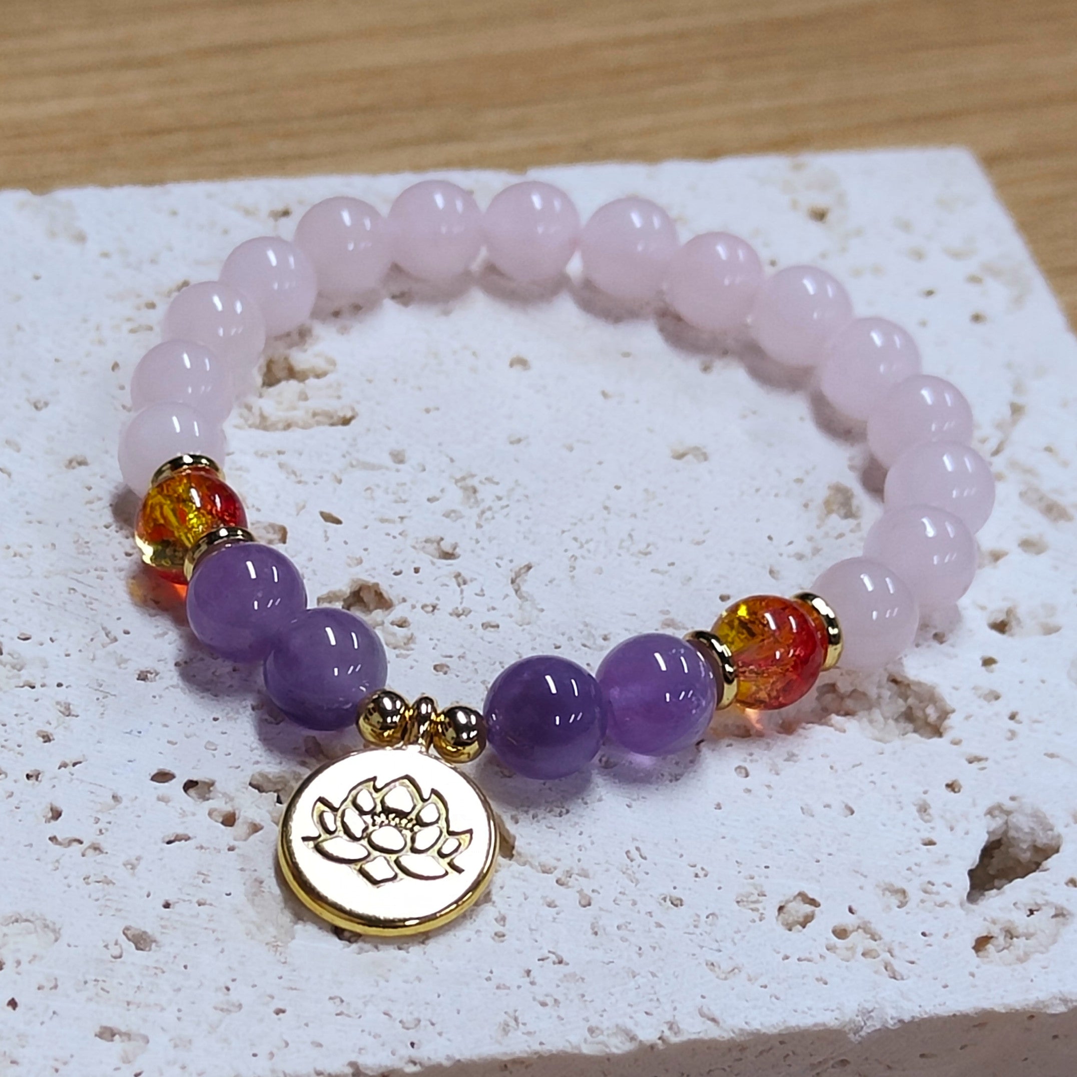 8mm Natural Amethyst & Rose Quartz Beads Bracelet, Gold Plated Brass Lotus Charm, Healing Crystal Stone, Meditation Protection Inspiring Gemstone Bracelet Jewelry