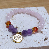 Rose Quartz & Amethyst Beads Bracelet, Gold Lotus Charm Bracelet, Handmade Jewelry