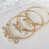 Gold Plated Round White Shell Bracelet, Carved Birth Month Flower, Customized Jewelry KZ019