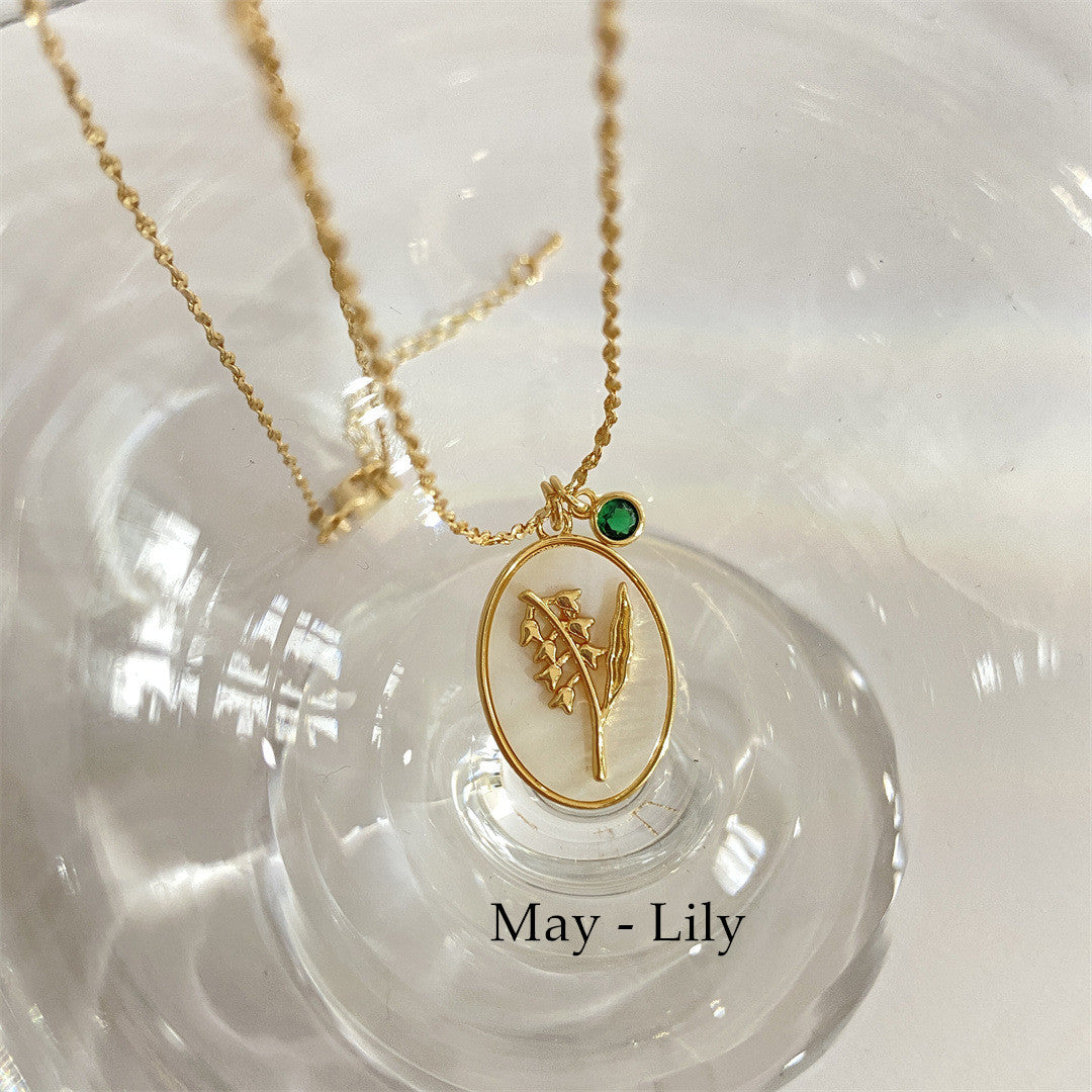 Oval White Shell December Flower Necklace Birthstone Monthstone Necklace AL511 May   Lily