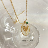 Oval White Shell Birth Flower Necklace, CZ Pave Jewelry AL511