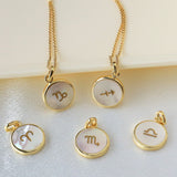 16" Zodiac Necklaces,Gold Round White Shell Carved Constellation Necklace, Sea Shell Beach Shell Coin Jewelry KZ010