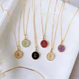 Personalized 16" Gold Plated Bezel Round Rainbow Gemstone Letter Necklace, Turquoise Rhodonite Amethyst Necklace KZ036-N