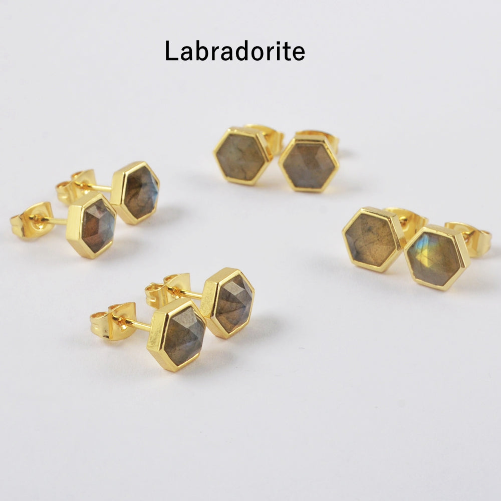 Gold Plated Bezel Hexagon Multi Gemstone Faceted Stud Earrings Fashion Jewelry ZG0448