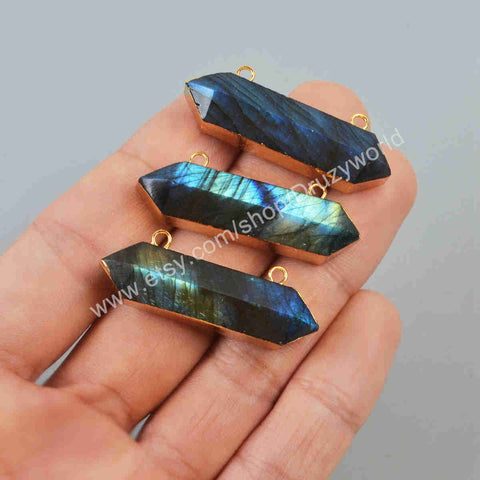 Gold Plated Hexagon Natural Labradorite Faceted Terminated Point Connector G1869