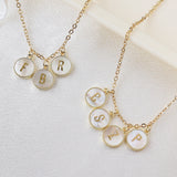 Gold Round White Shell Carved Initial Letter Pendant/Necklace, Natural Pearl Shell Jewelry KZ045