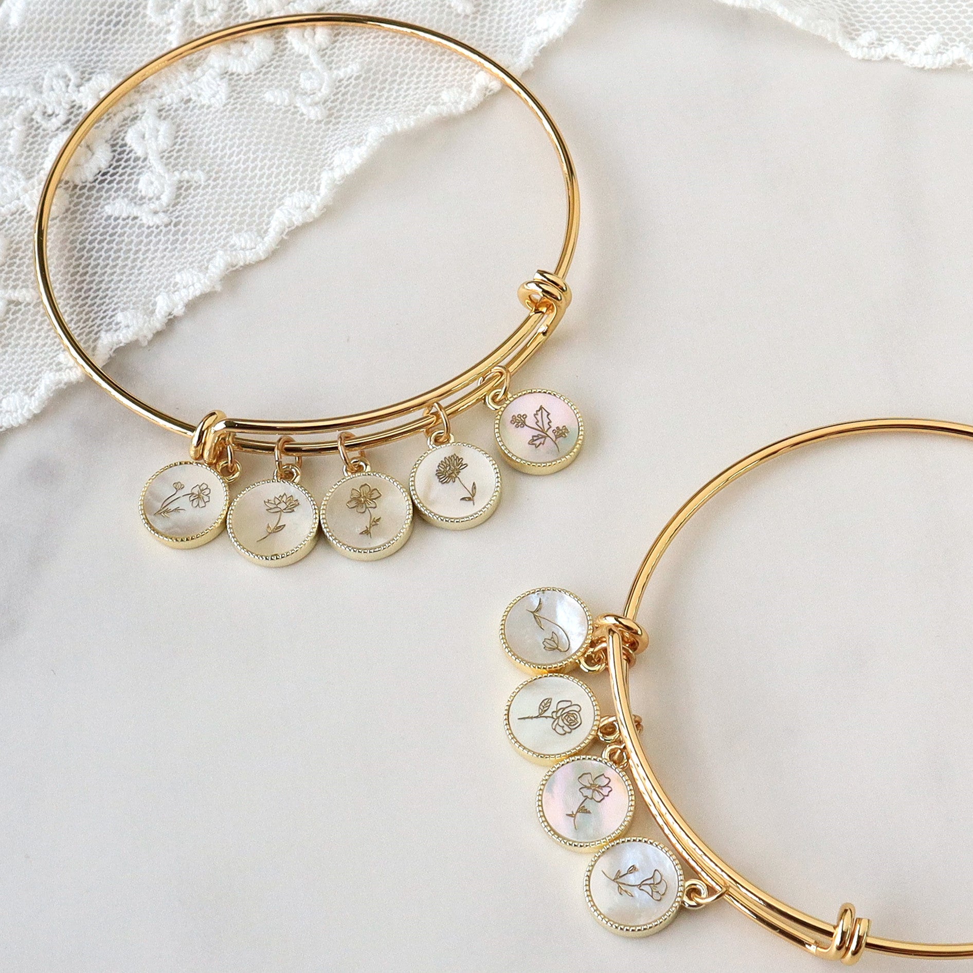Gold Plated Round White Shell Bracelet, Carved Birth Month Flower, Customized Jewelry KZ019