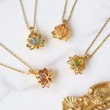 16" Gold Plated Hollow Lotus With Natural Raw Crystal Necklace, Birthstone Necklace, Gemstone Necklace Jewelry BT011