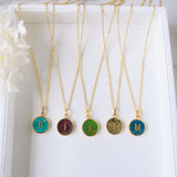 Personalized 16" Gold Plated Bezel Round Rainbow Gemstone Letter Necklace, Turquoise Rhodonite Amethyst Necklace KZ036-N