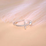 S925 Sterling Silver Pray Through It Cross & Heart Ring, Adjustable CZ Pave Silver Open Ring AL493