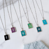 16" Rectangle Silver Plated Gemstone Initial Letter Pendant Necklace, Birthstone Crystal Jewelry KZ003