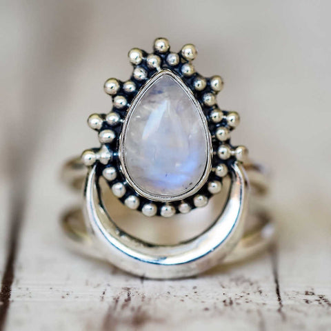 Crescent Moonstone Tai Silver Ring, Opalite Ring AL294