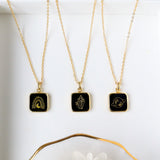 Wholesale 16" Square Gold Plated Natural Black Obsidian Pendant Necklace, Carved Moon, Cluster Crystals and Planet KZ001