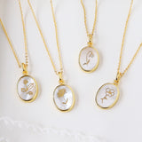 16" Gold Bezel Oval White Shell Birth Flower Necklace, Month Flower Gift Jewelry KZ027-N