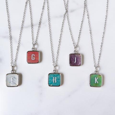 Personalized 16" Square Silver Plated Rainbow Gemstone Crystal Letter Necklace Jewelry, You choose stone and letter KZ002-N