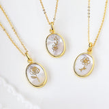 16" Gold Bezel Oval White Shell Birth Flower Necklace, Month Flower Gift Jewelry KZ027-N