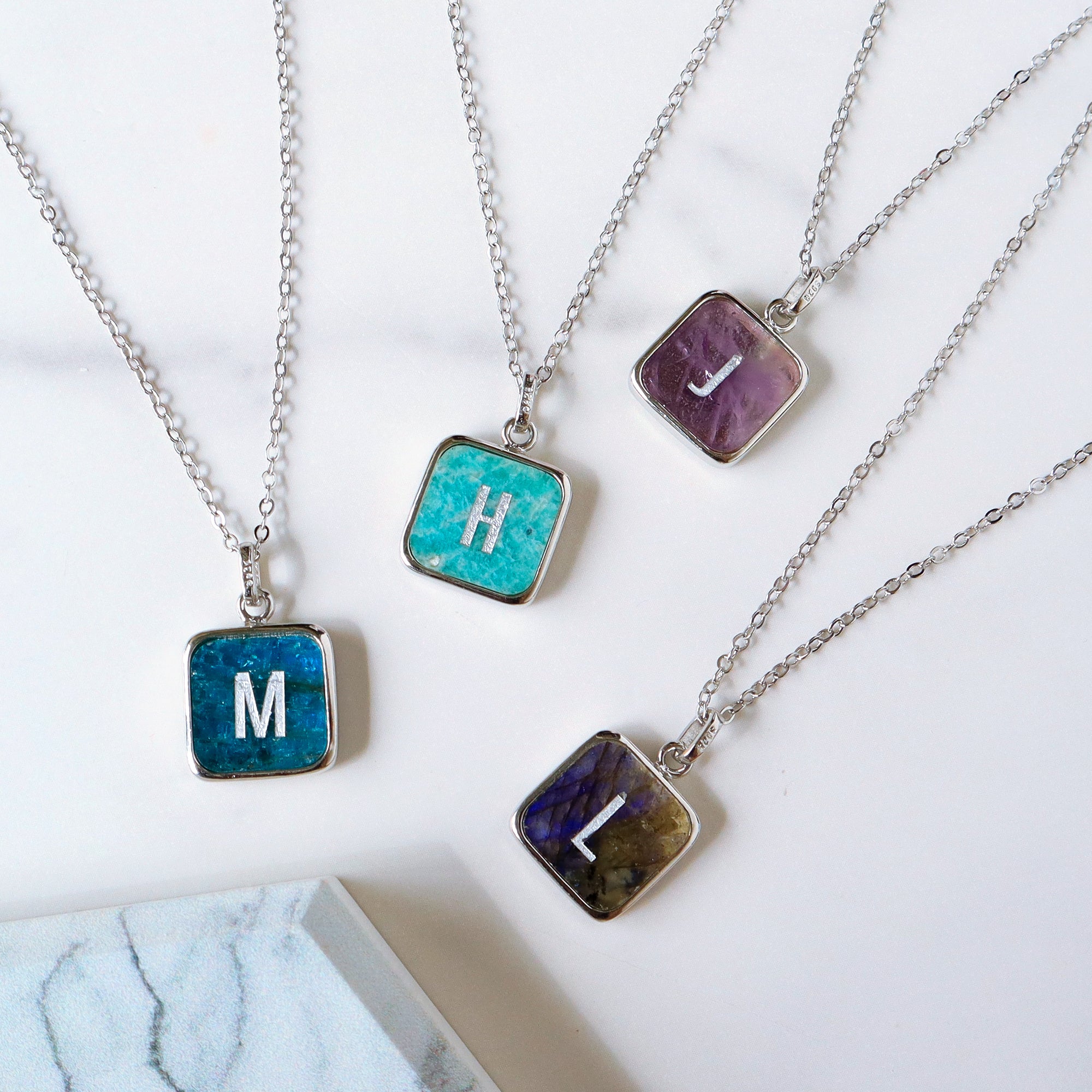 Wholesale 16" Square Silver Plated Gemstone Pendant Necklace, Carved Letters, Crystal Square Pendant Jewelry KZ002