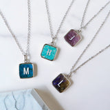 16" Square Silver Plated Gemstone Initial Letter Pendant Necklace, Crystal Jewelry KZ002