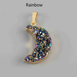 Rainbow Gold Plated Natural Agate Titanium Druzy Moon Pendant G2031