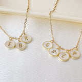 Gold Round White Shell Carved Initial Letter Pendant/Necklace, Natural Pearl Shell Jewelry KZ045