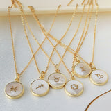 16" Zodiac Necklaces,Gold Round White Shell Carved Constellation Necklace, Sea Shell Beach Shell Coin Jewelry KZ010