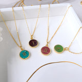 Personalized 16" Gold Plated Bezel Round Rainbow Gemstone Letter Necklace, Turquoise Rhodonite Amethyst Necklace KZ036-N