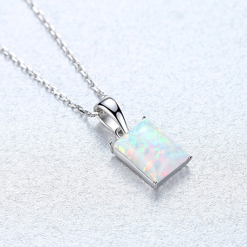 16" S925 Sterling Silver Opal Necklace, Rectangle Opal Pendant Necklace, Box Chain, Fashion Jewelry AL563