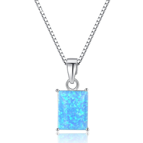 16" S925 Sterling Silver Opal Necklace, Rectangle Opal Pendant Necklace, Fashion Jewelry AL563