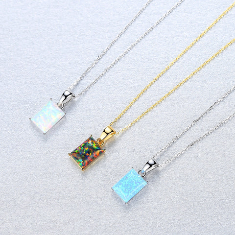 16" S925 Sterling Silver Opal Necklace, Rectangle Opal Pendant Necklace, Fashion Jewelry AL563