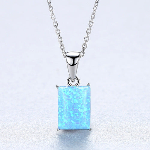 16" S925 Sterling Silver Opal Necklace, Rectangle Opal Pendant Necklace, Box Chain, Fashion Jewelry AL563