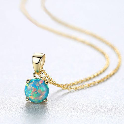 16" S925 Sterling Silver Opal Necklace, Tiny Round Opal Pendant Necklace, Fashion Jewelry AL562