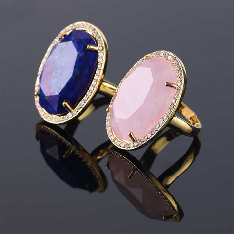 Large Natural Stone Rose Quartz Labradorite Pave Diamond Adjustable Ring AL196