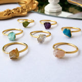 Gold Plated Brass Raw Rainbow Gemstone Ring, Birthstone Ring, Healing Crystal Stone Statement Ring Jewelry BT003